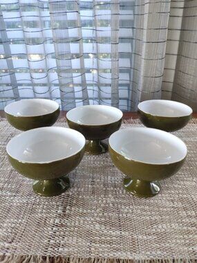 Porcelain Ice Cream Footed VTG Avocado Bowls Set of 5 MCM Sherbet Cups 3.75"
